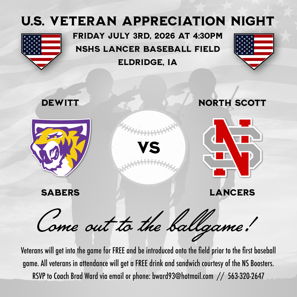 North Scott Baseball will host a Veterans Appreciation Night on Friday, July 3, during the Central DeWitt vs. North Scott baseball game.