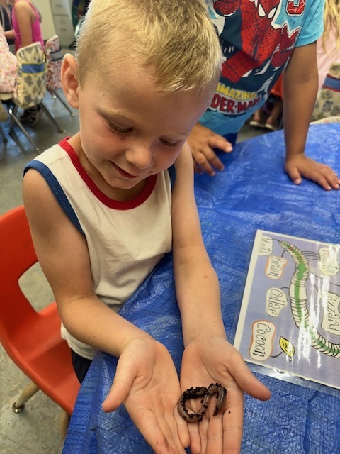 Student holding earth worms