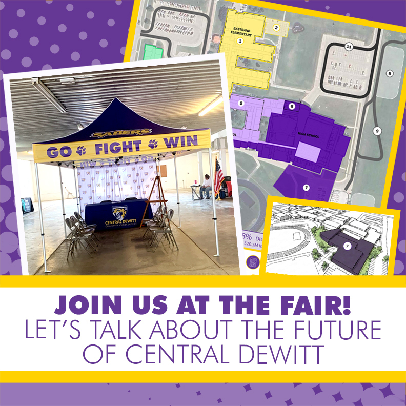Central DeWitt fair booth along with rendering of proposed renovated facilities