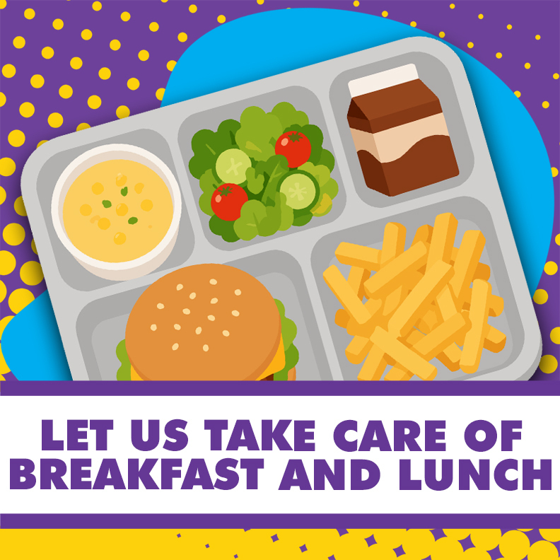 School lunch: Hamburger, fries, salad, soup and chocolate milk