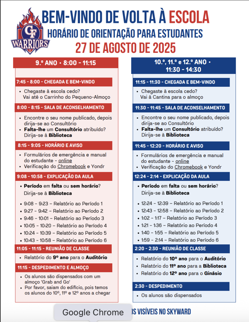 There is a staggered start for grades 9-12 on the first day of school: Wednesday, August 27, 2025.  9th graders report to school: 8:00AM - 11:15AM 10th-12th graders report to school: 11:30AM - 2:30PM.  See you soon Warriors!
