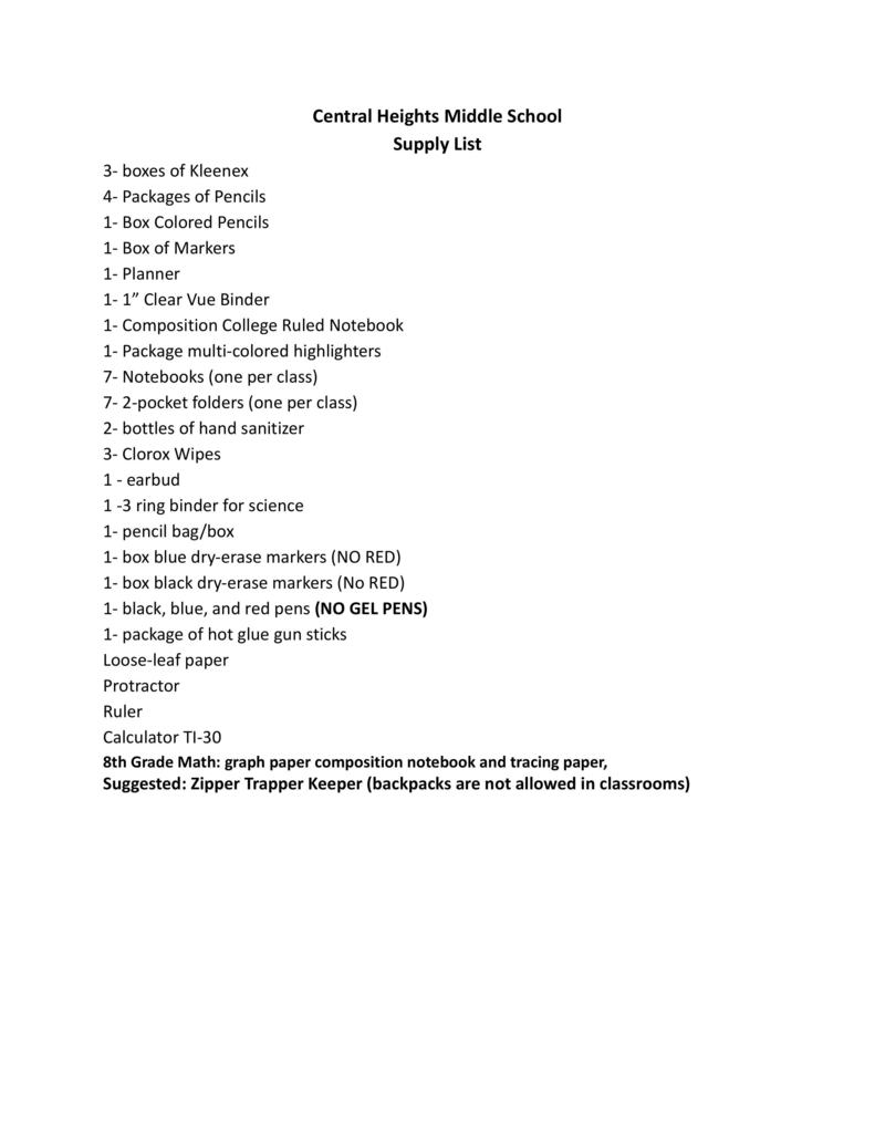 Middle School School Supply List 25-26