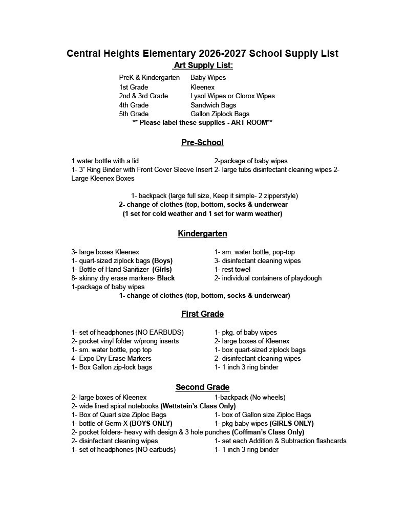 School Supply List PreK-2nd Grade
