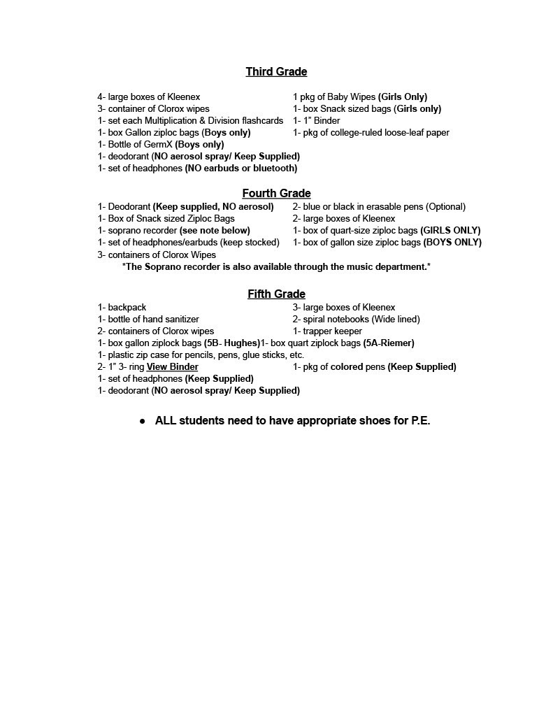 School Supply List 3-5 grade