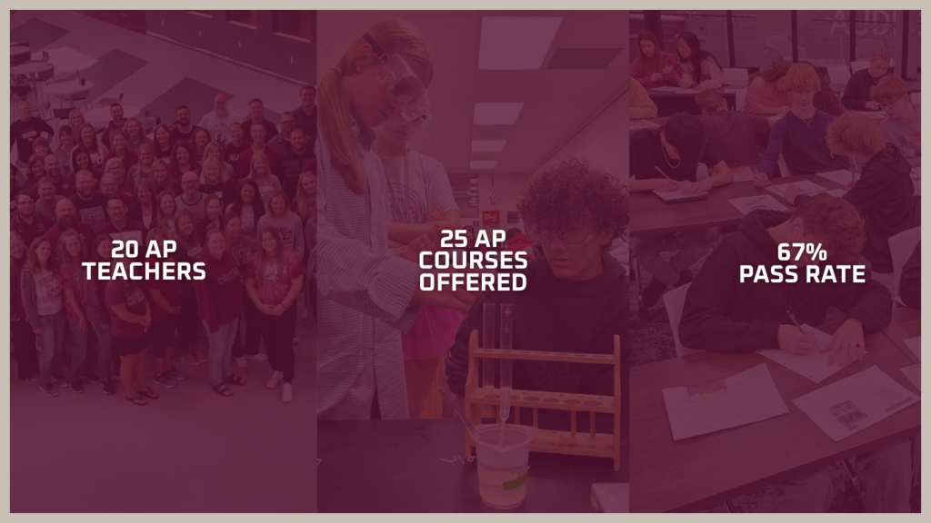20 AP Teachers, 25 AP courses offered, 67% Pass Rate