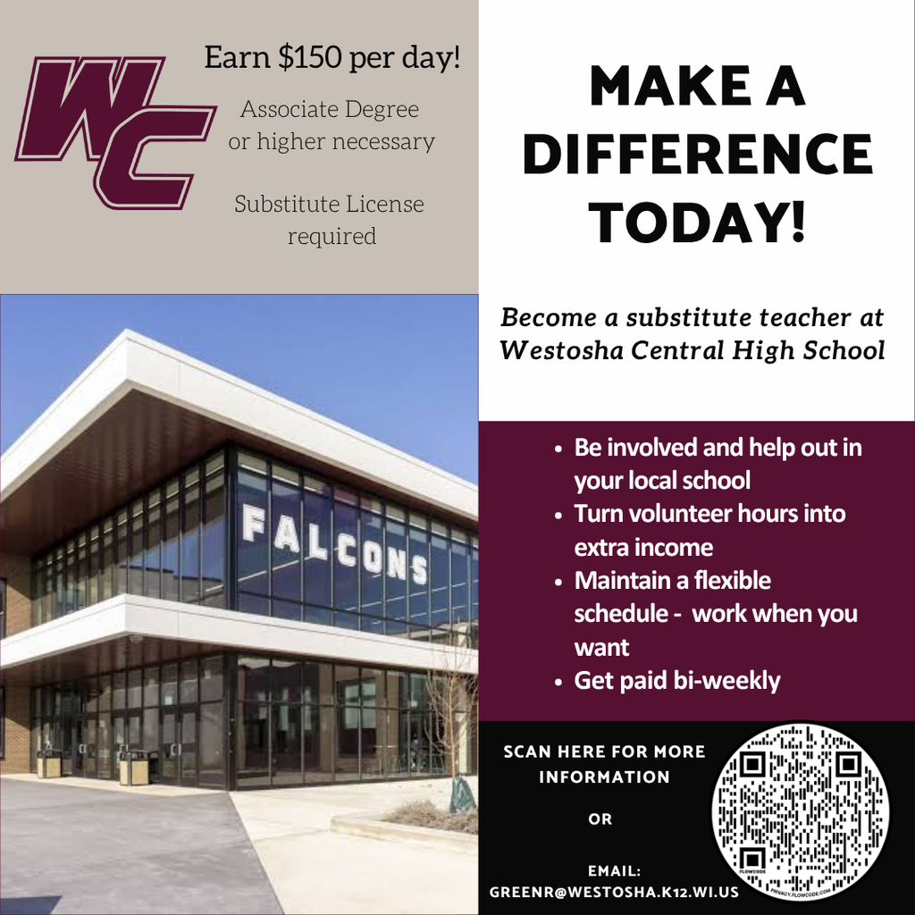 Make a difference in your community and become a substitute teacher at Westosha Central High School. Enjoy a flexible schedule, earn $150 per day, and get paid bi-weekly while supporting students and staff. This is a great opportunity to turn your available time into meaningful work and extra income.  Requirements include an associate degree (or higher) and a valid substitute teaching license.