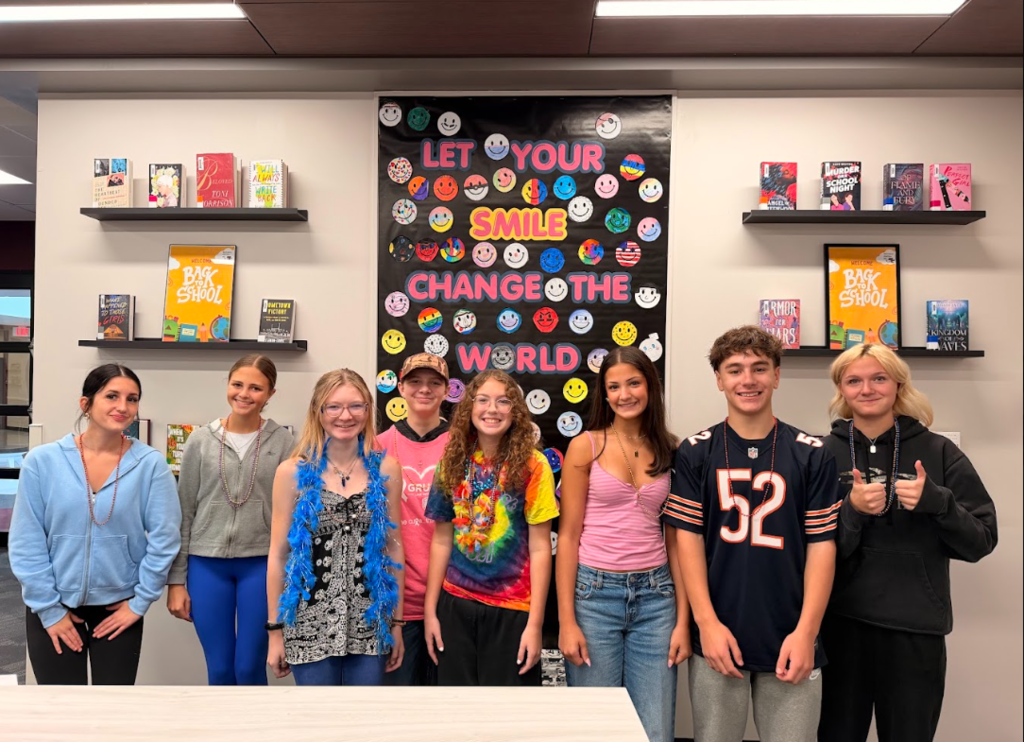 Students in neon and beads