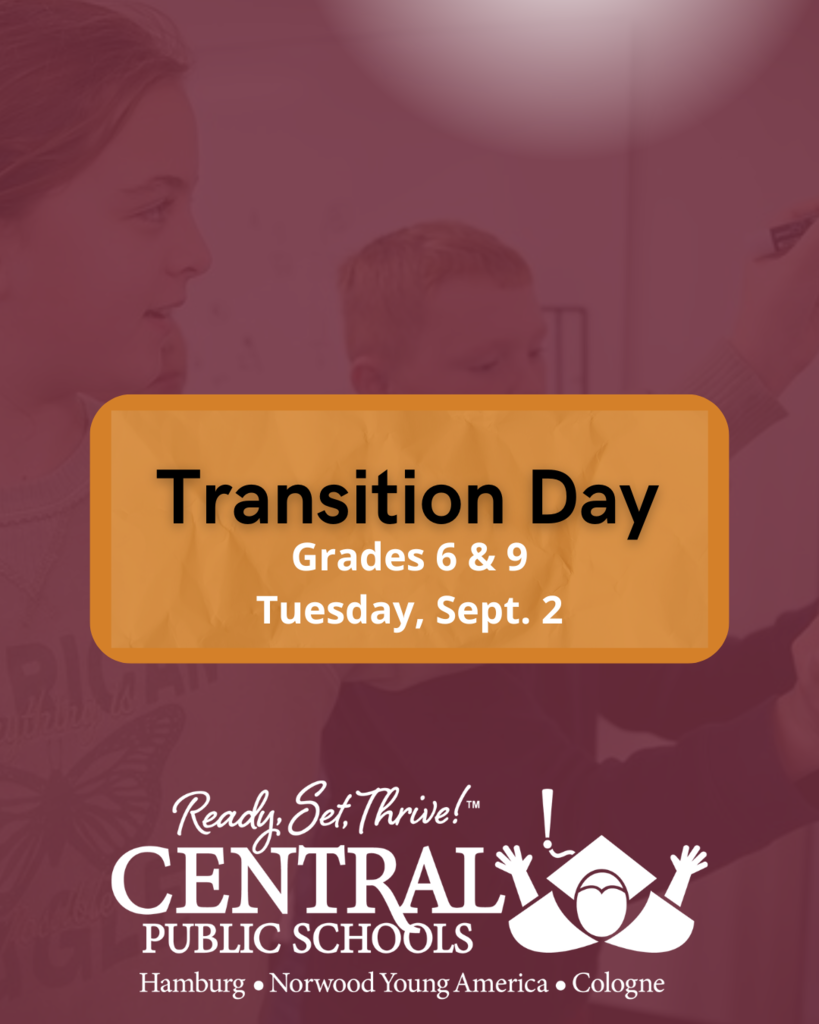 transition day, grades 6 & 9, tuesday, sept. 2, with central logo, photo of students in background