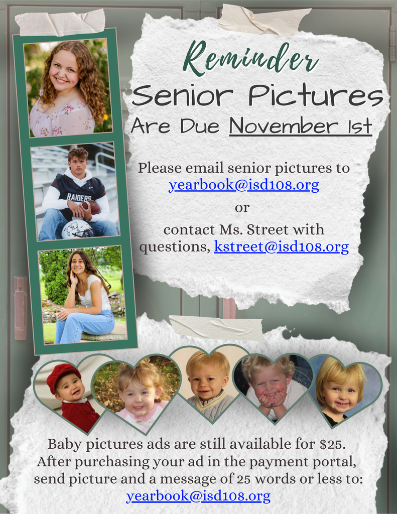 A flyer with senior pictures and baby pictures reminding students that senior pictures and baby picture ads are due November 1st