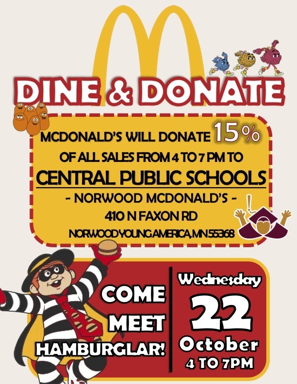 dine and donate oct 22 4-7 pm at mcdonalds in norwood