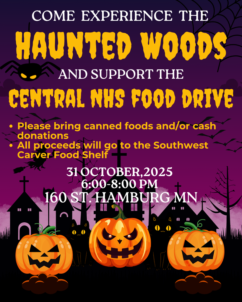 A flyer for a NHS fundraiser. Haunted Woods, food drive collection