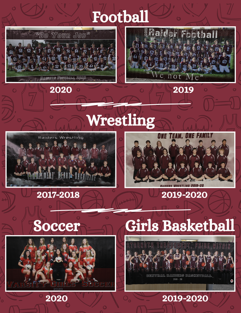 A flyer with different sports banners from past years