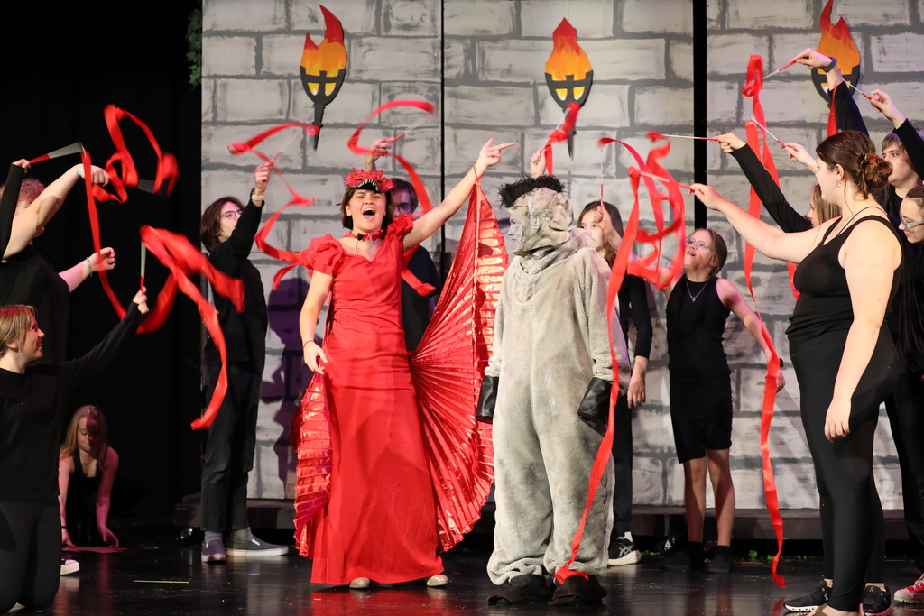 The cast of "Shrek the Musical Jr." on stage. 