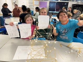 students creating towers with spaghetti and marshmallows