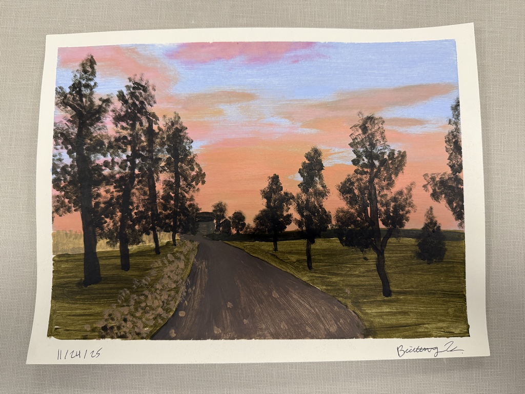 Artwork of a road between trees at sunset