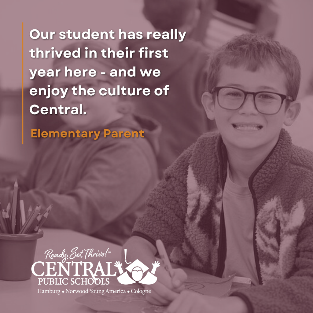 our student has really thrived in their first year her e- and we enjoy the culture of central, elementary parent - image of student in glasses smiling while working on class project