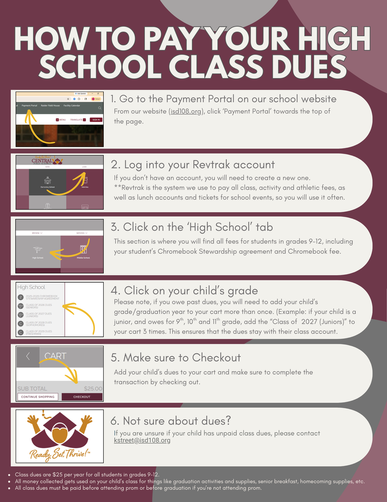 A flyer with directions on how to pay class dues online