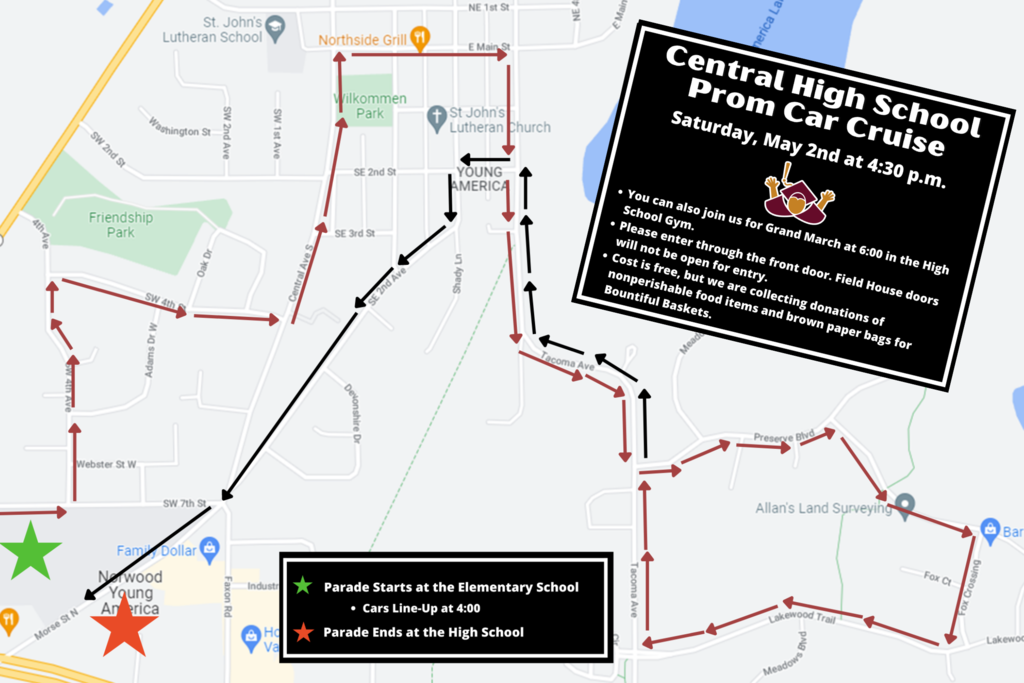 A map of a prom car cruise route