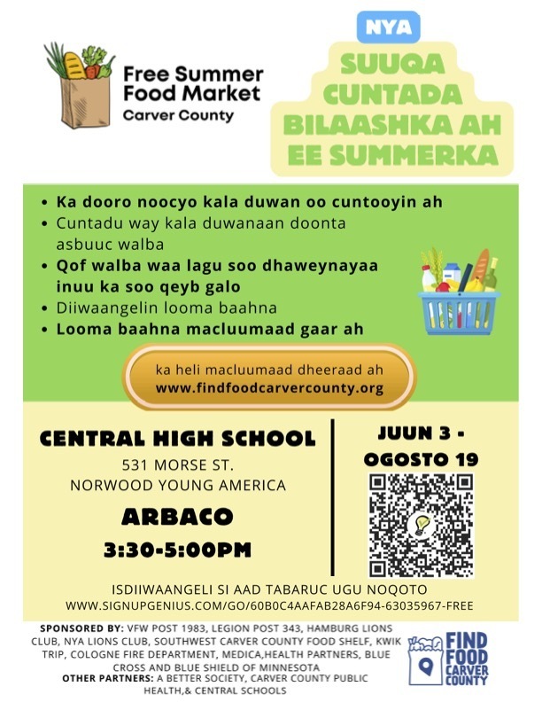 suuqa cuntada bilaashka ah ee summerka, central high school, arbaco 3:30-5 pm, juun 3-ogosto 19