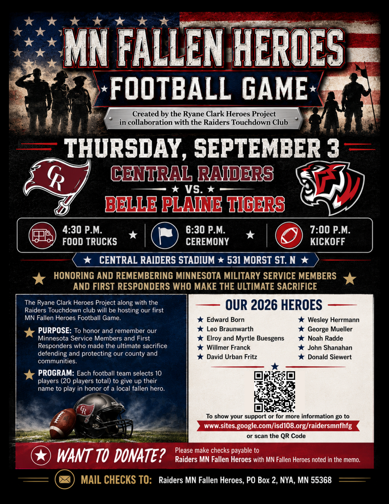 A flyer for a fallen heros football game with the Central Raiders vs. The Belle Plaine Tigers on September 3