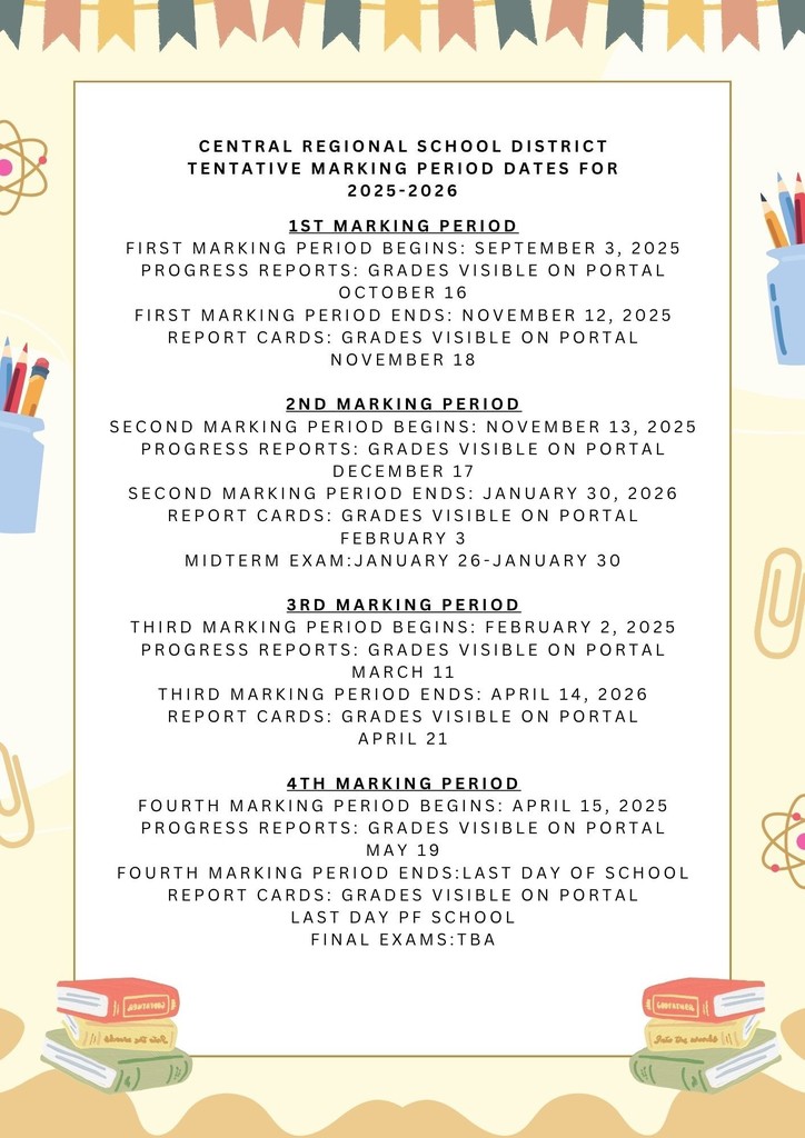 Tentative Marking Period Dates for 2025-2026 School Year