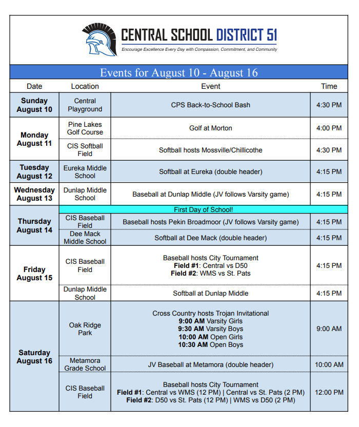 Upcoming events for August 10 - August 16.