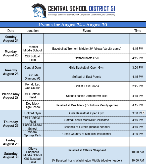 Upcoming Events for August 24 - August 30.