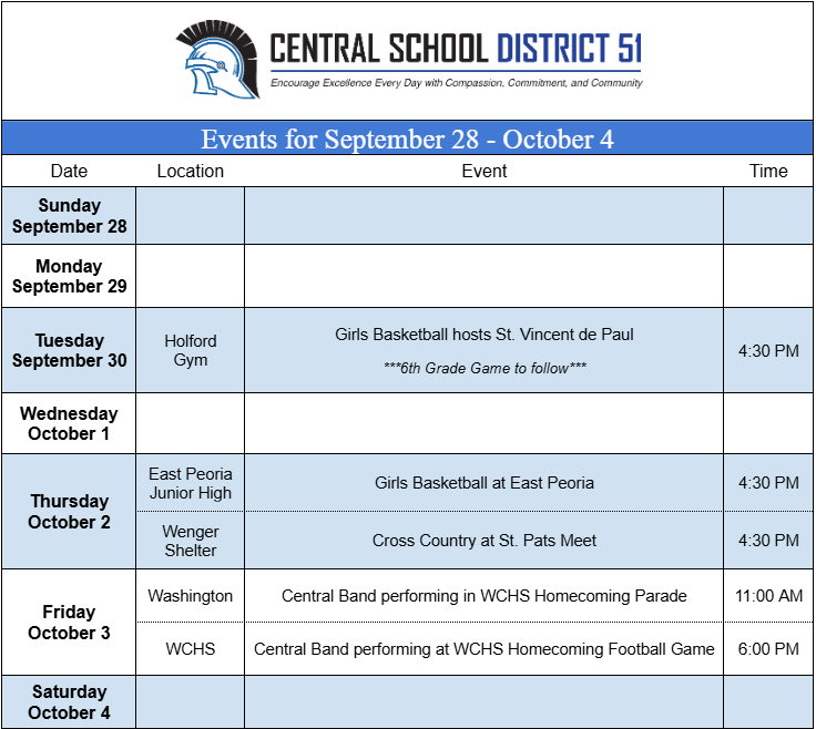 Upcoming Events for September 28 - October 4.
