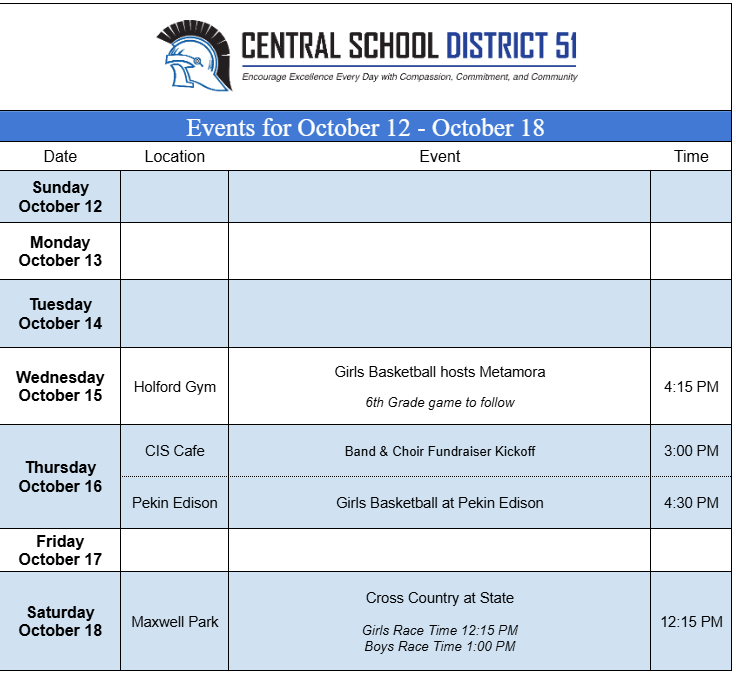 Upcoming Events for October 12 through October 18.