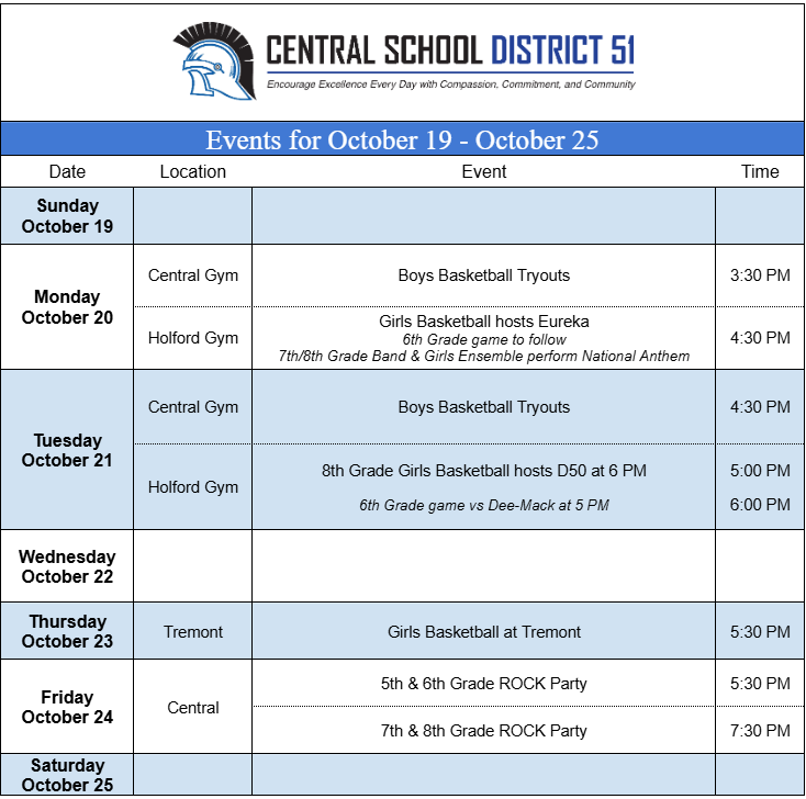 Upcoming Events for October 19 - October 25.