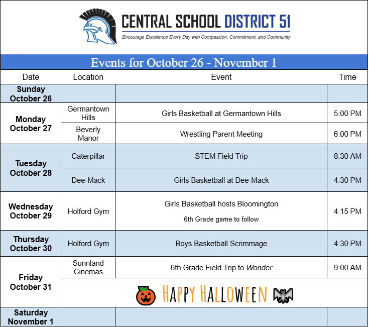 Upcoming Events for October 26 - November 1.