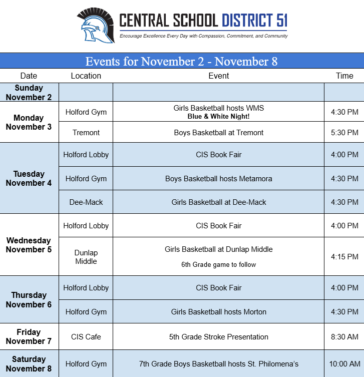 Upcoming Events for November 2  through November 8.