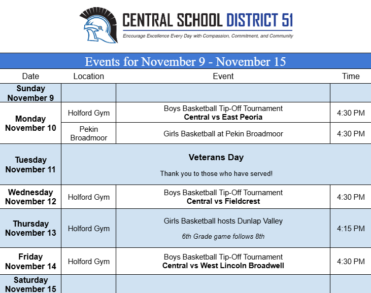 Upcoming Events for November 9 through November 15.