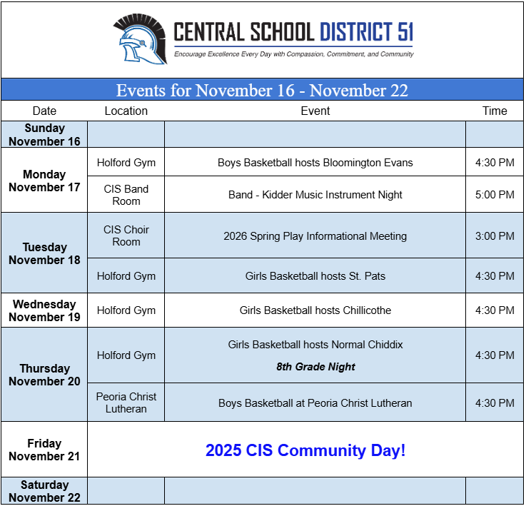 Upcoming Events for November 16 - November 22.