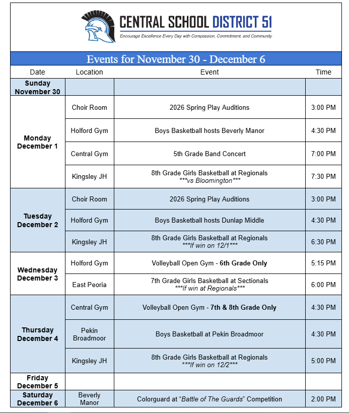 Upcoming Events for November 30 - December 6.