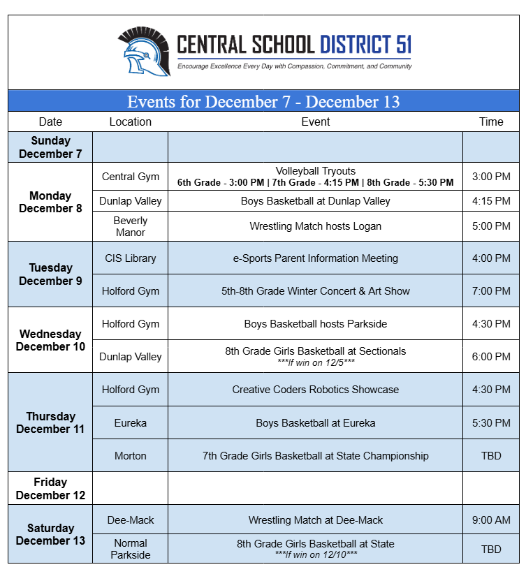 Upcoming Events for December 7 through December 13.