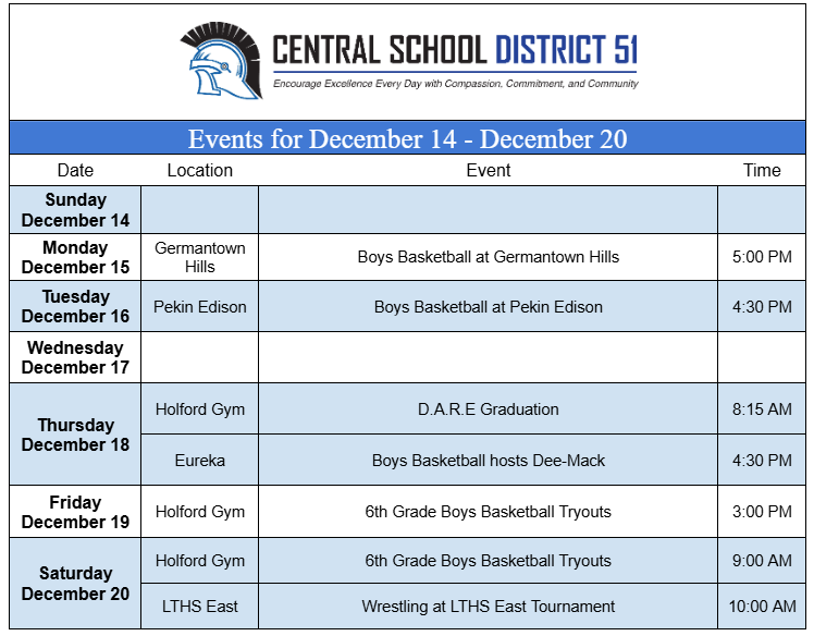 Upcoming Events for December 14 through December 20.