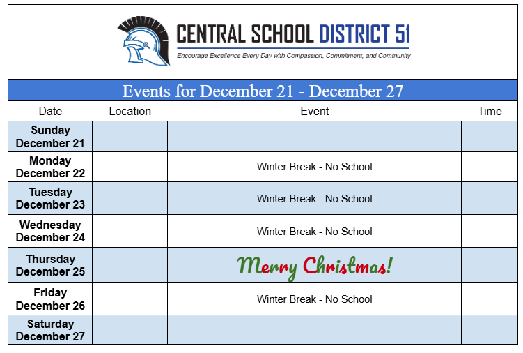 Upcoming Events for December 21 through December 27.
