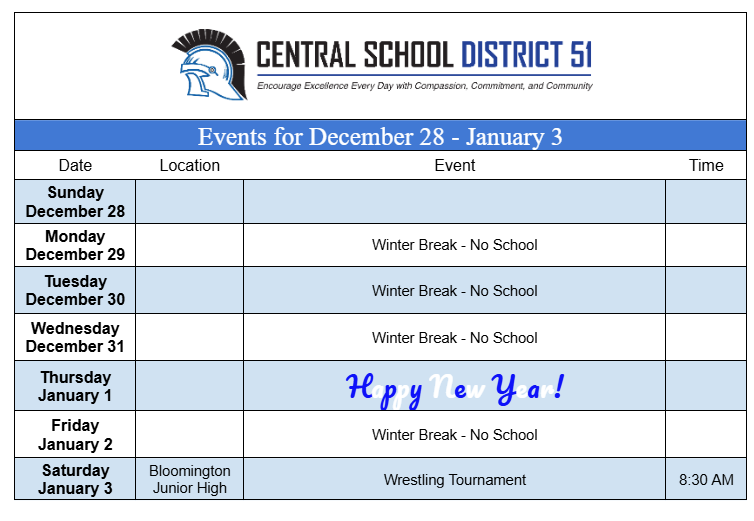 Upcoming Events for December 28 through January 3.