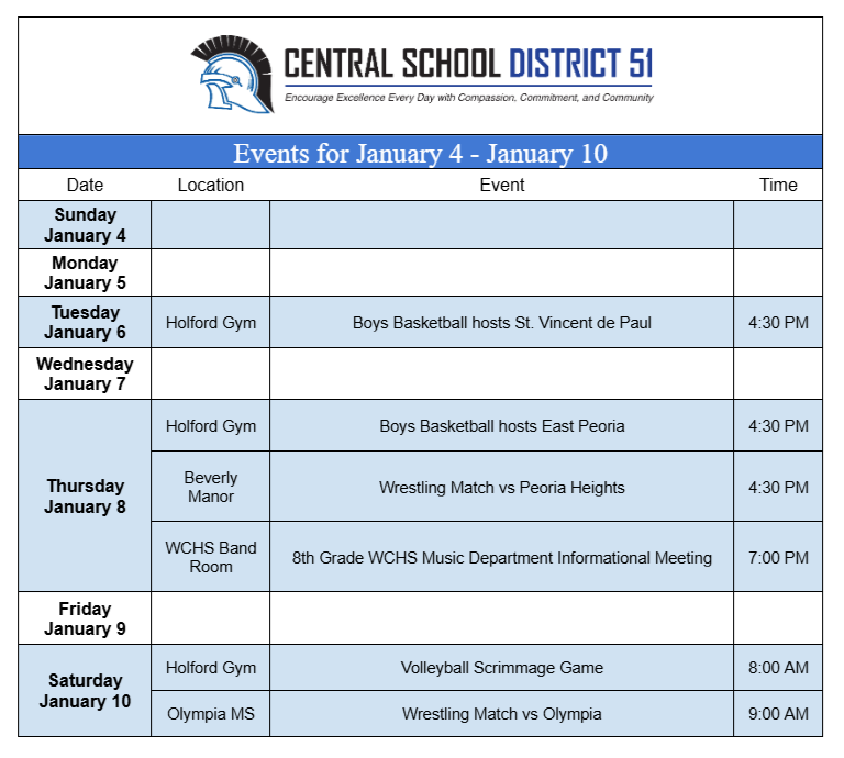 Upcoming Events for January 4 through January 10.