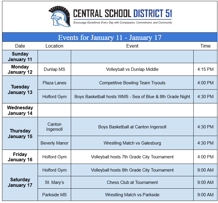 Upcoming Events for January 11 through January 17.