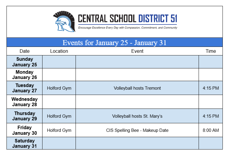 Upcoming Events for January 25 through January 31.