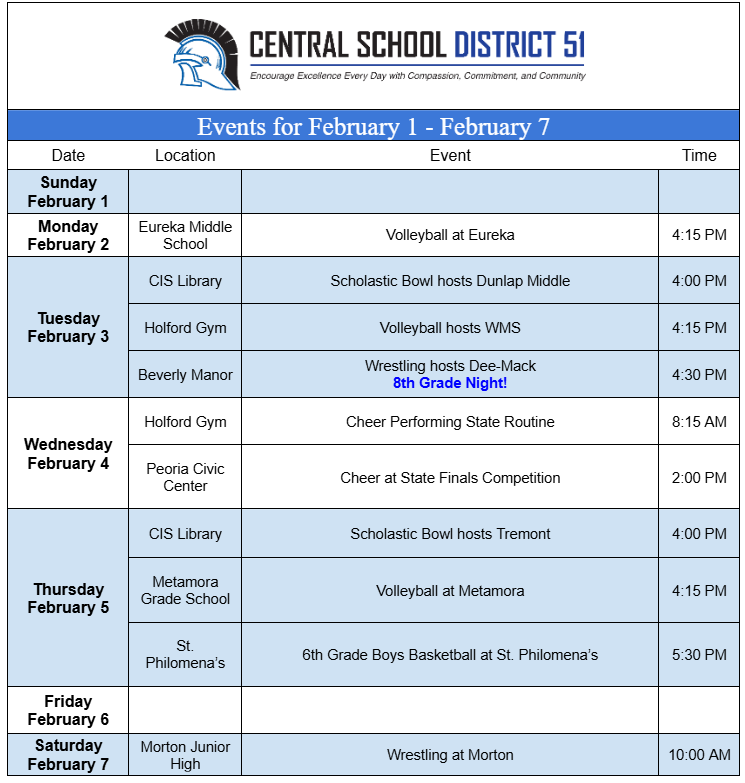 Upcoming Events for February 1 through February 7.