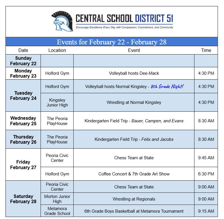 Upcoming Events for February 22 through February 28.