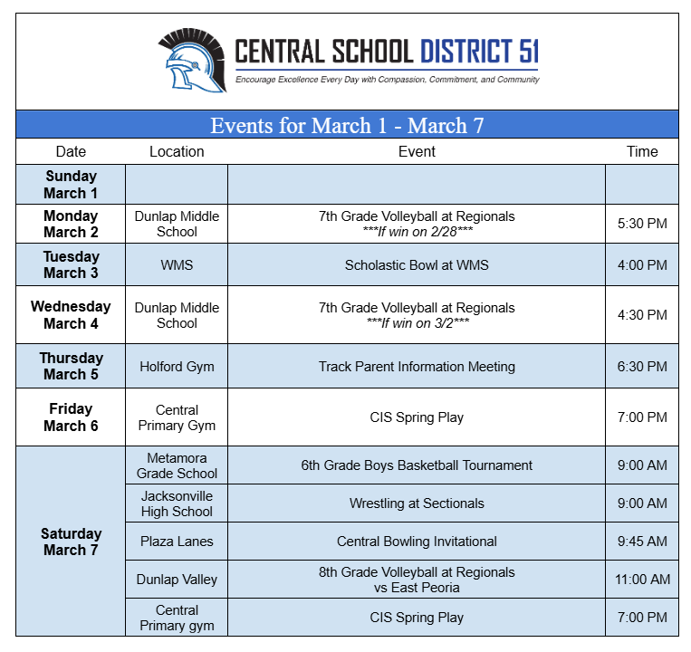 Upcoming Events for March 1 through March 7.