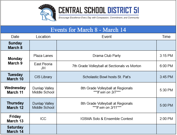 Upcoming Events for March 8 - March 14