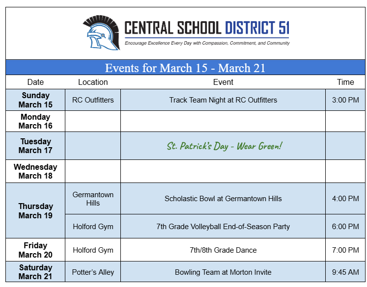Upcoming Events for March 15 - March 21. 