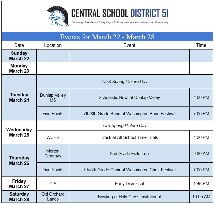 Upcoming Events for March 22 through March 28. 