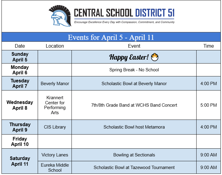 Upcoming Events for April 5 through April 11.