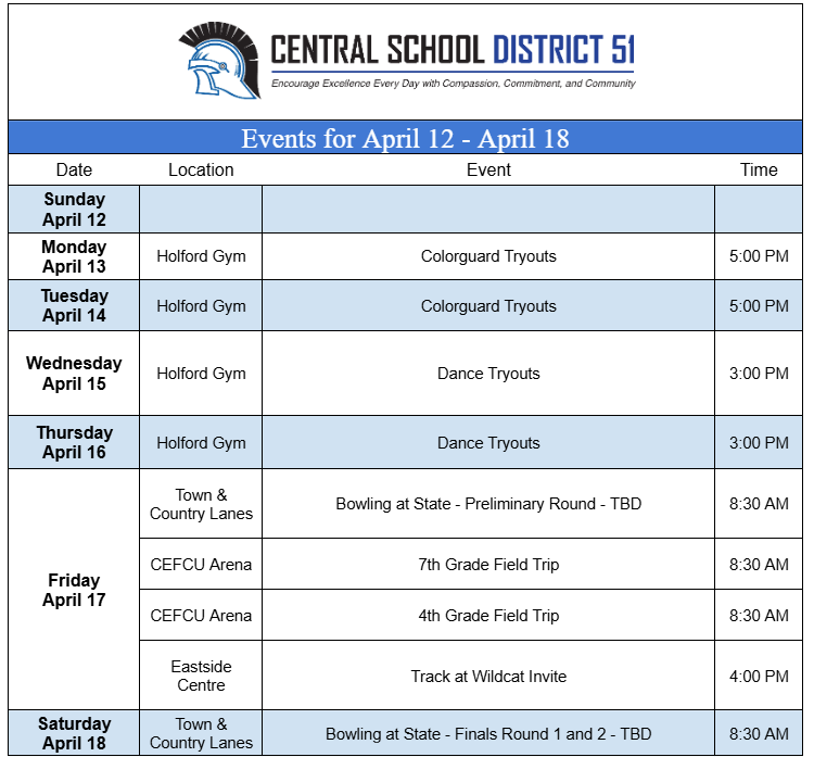 Upcoming Events for April 12 through April 18. 